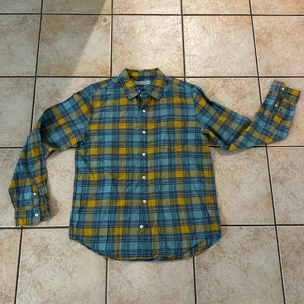Outerknown Cotton Linen Plaid‎ Button Down Long Sleeve Blue & Yellow, Sz Medium